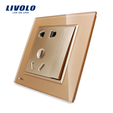 Livolo bom design golden color inteligente painel de vidro 5 pinos soquete e interruptor vl-w2z1d-13